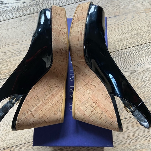Stuart Weizman, black, patent leather wedge heels.